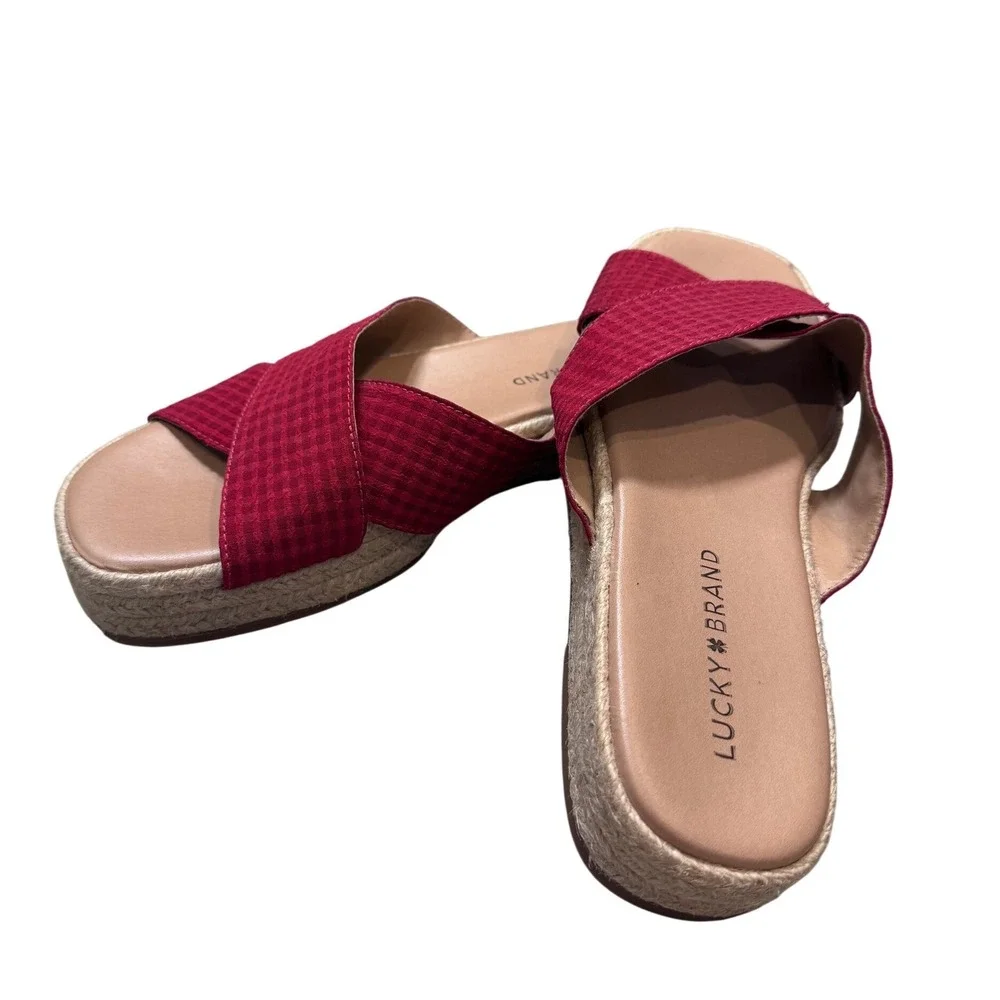 Lucky Brand Gayte Sandals Womens 9M Red Gingham Espadrille Platform Slide